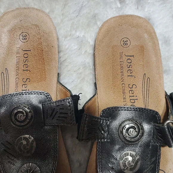 Josef Seibel Gray and Silver Leather Thong Sandals w Cork Base Size 38 US 7.5 - Picture 3 of 9